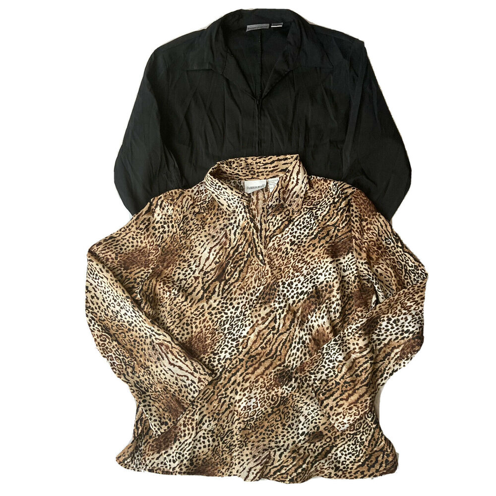 Fashion Bug Bundle Sz XL Long Sleeve Blouse Top Shirt Black Cheetah Career Work